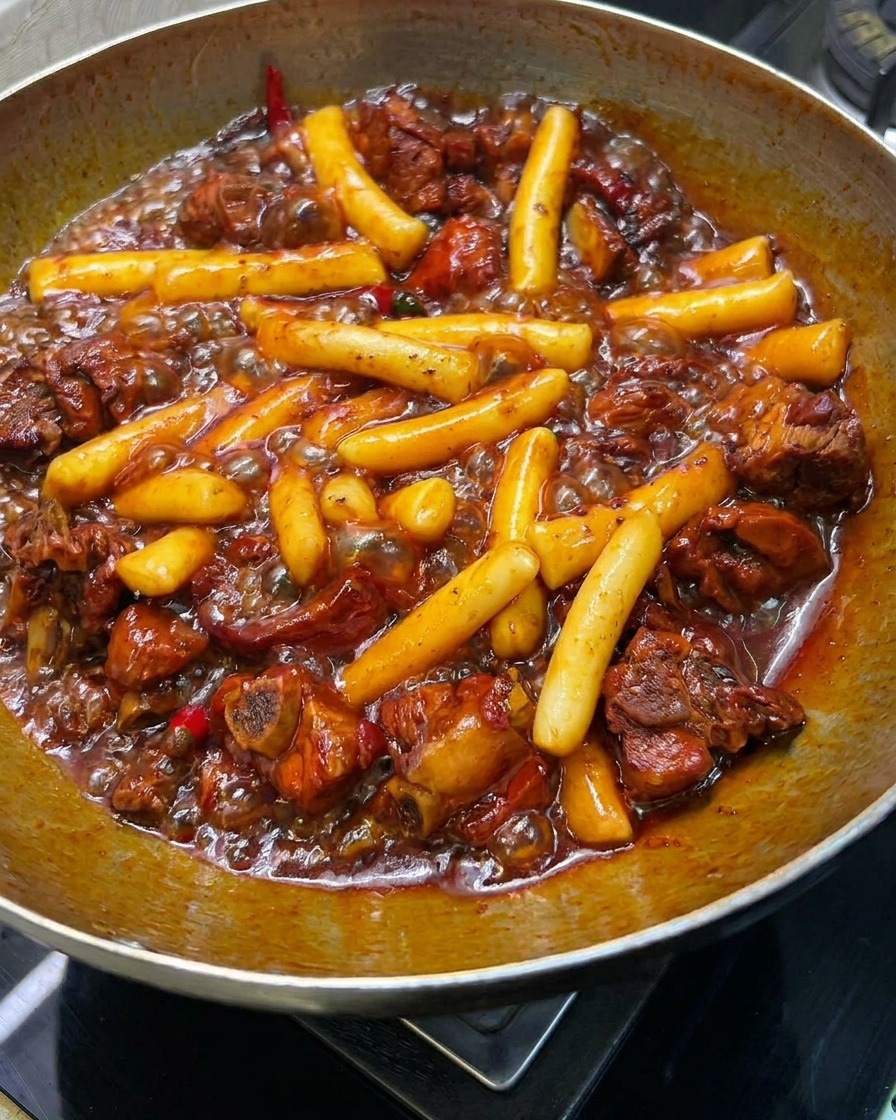 Stir-frying pork ribs and rice cakes in a thickened, glossy sauce in a wok.