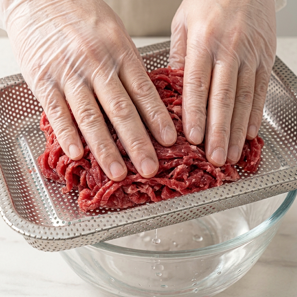 Two hands pressing down on raw sliced beef in a rectangular metal strainer to remove excess water.