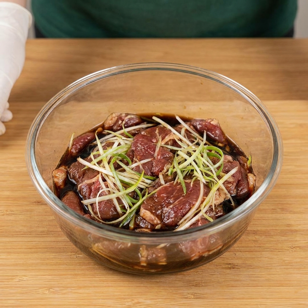 Marinated beef mixed with sliced onions and seasonings in a glass bowl.