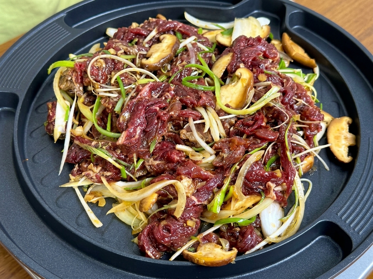 Marinated beef with onion and mushroom slices sizzling on a circular grill pan.