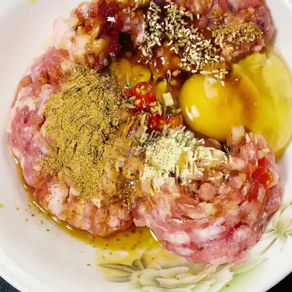 Minced pork being mixed with chopsticks in a bowl.