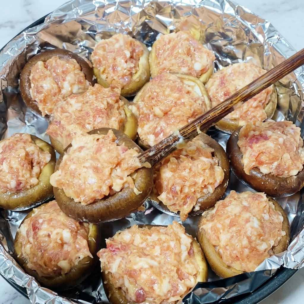 Mushroom caps being filled with the seasoned raw pork mixture.