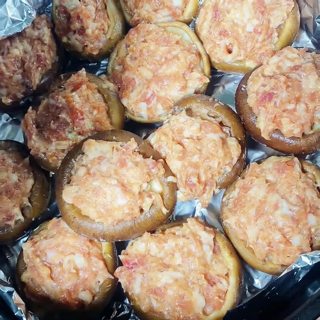 A close-up view of stuffed mushroom caps neatly arranged in an air fryer basket, ready to be cooked.