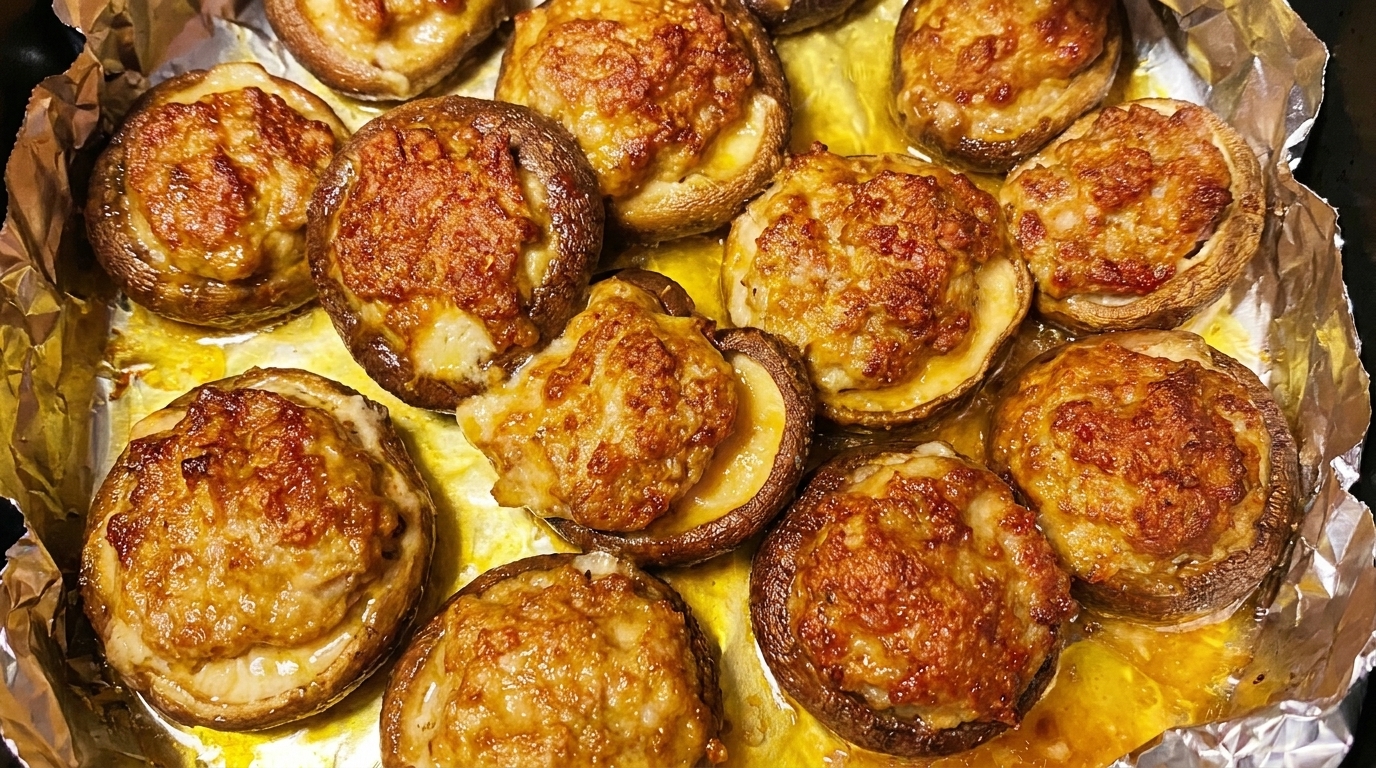 Golden-brown air-fried stuffed mushrooms, roasted to juicy perfection.