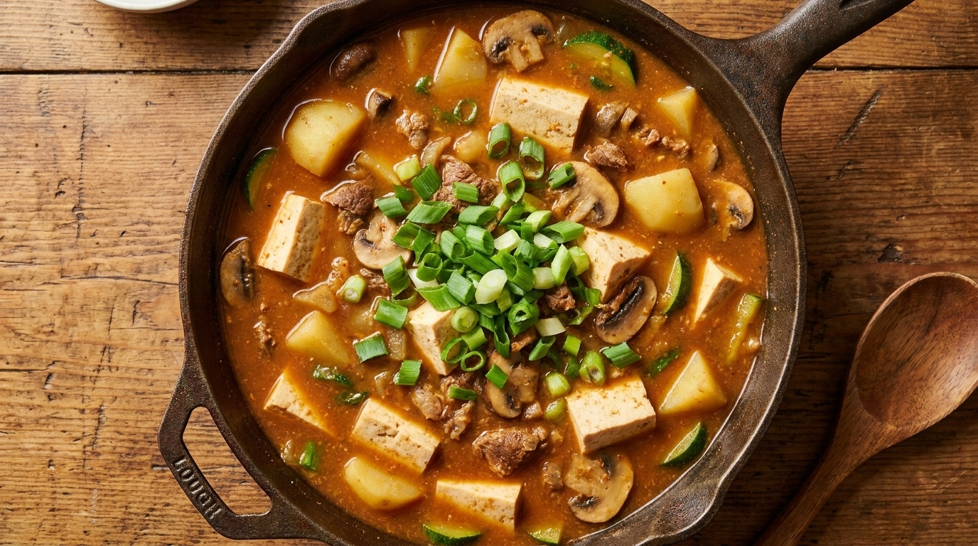 Water being poured into the pan with the seasoned beef mixture.