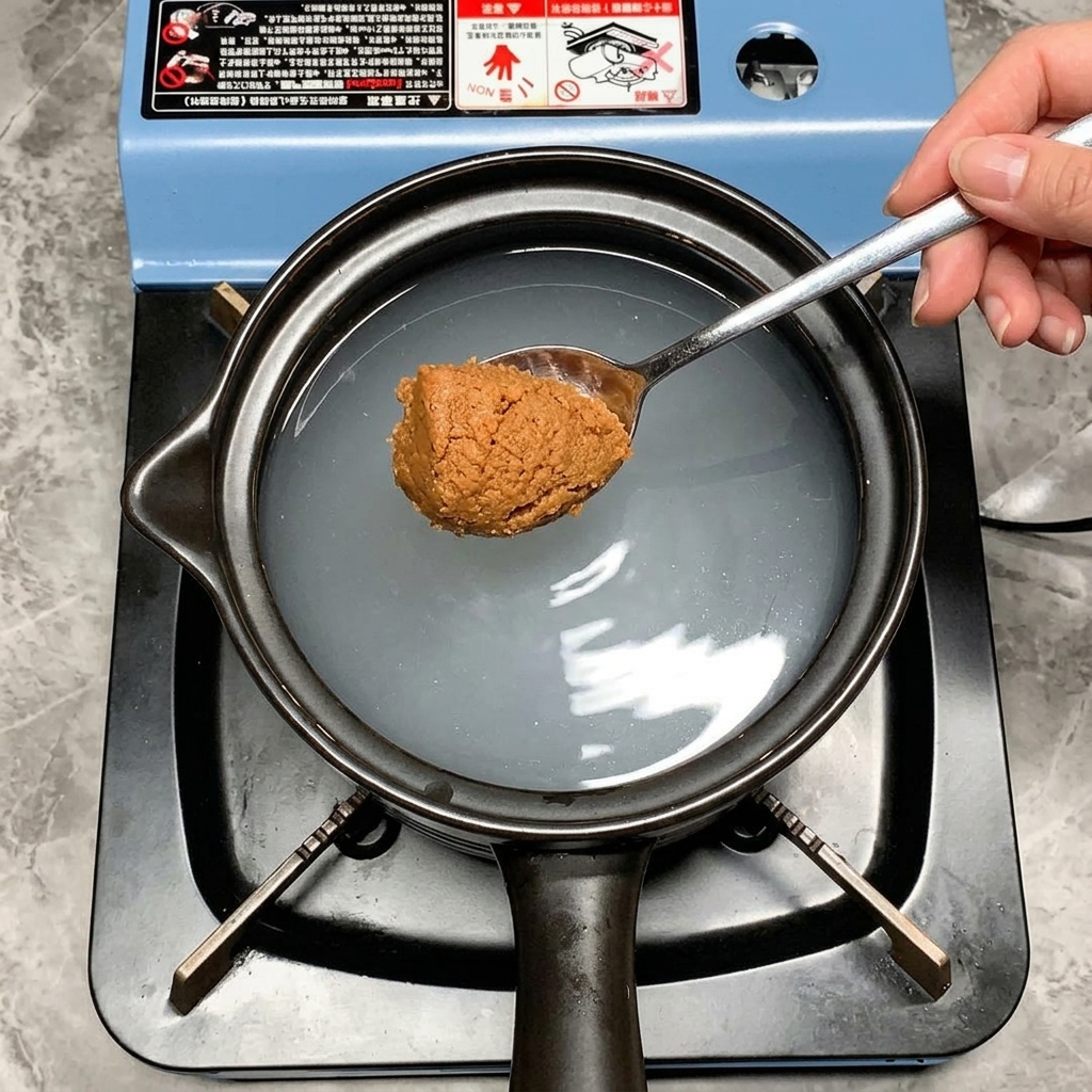A spoonful of brown soybean paste held over a pot filled with cloudy, whitish rice water.