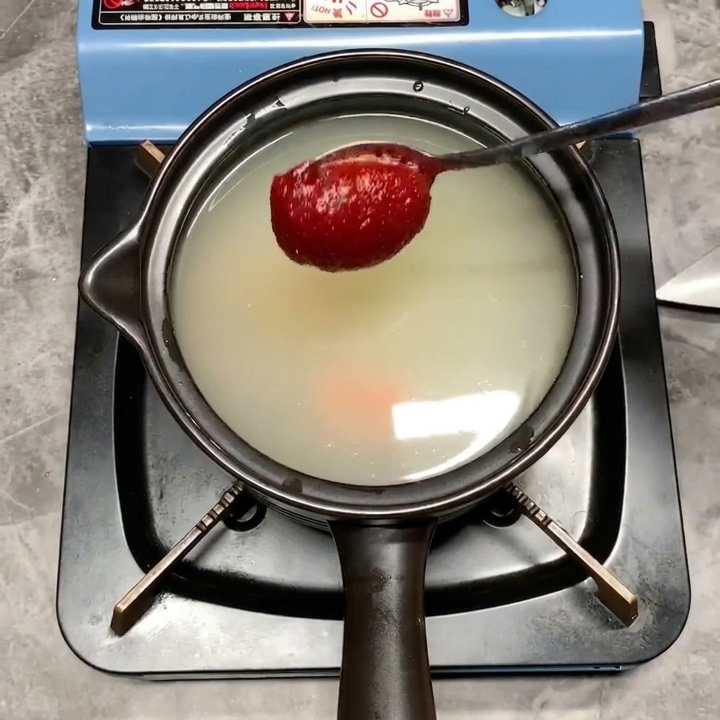 A spoonful of thick, bright red chili paste being lowered into the pot of broth.