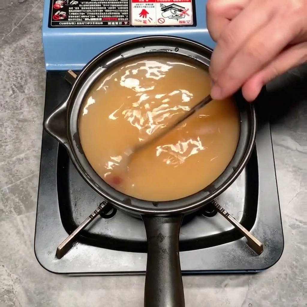 A metal spoon stirring the broth, creating a smooth and consistent orange-tinted liquid.