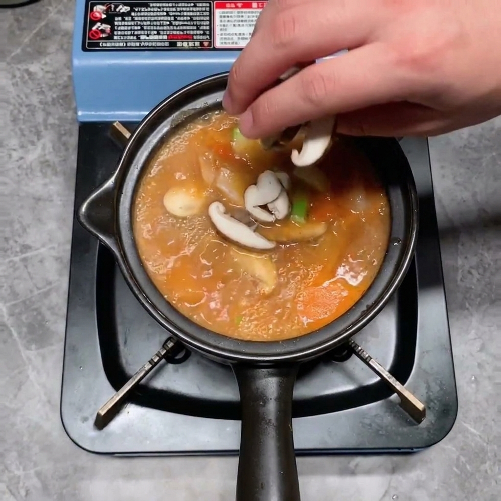 Soft cubes of white tofu being carefully placed into the bubbling stew.