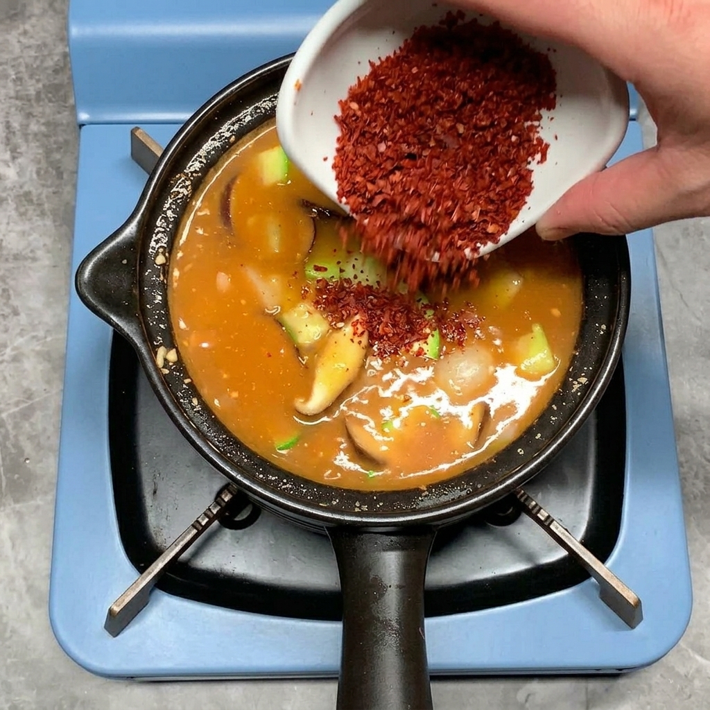A hand pouring red chili powder from a small white bowl into a bubbling pot of stew.