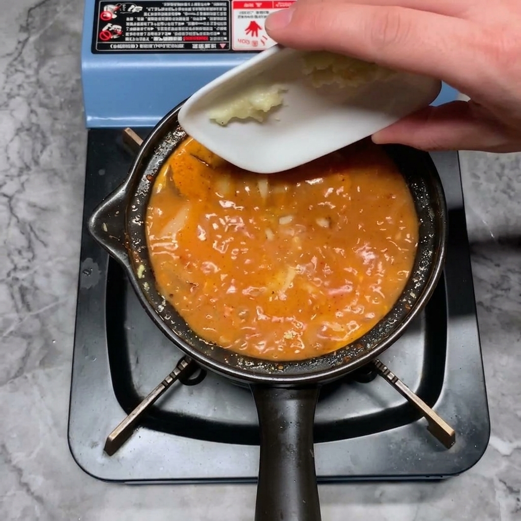 A hand adding a portion of minced garlic from a small white dish into the hot stew.