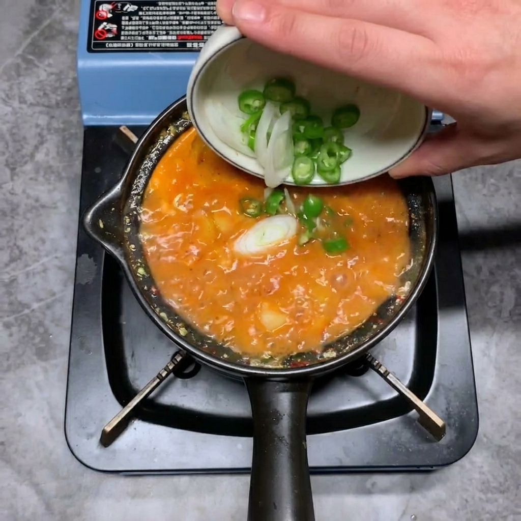 Freshly sliced green onions and green chili peppers being poured into a simmering pot of stew.