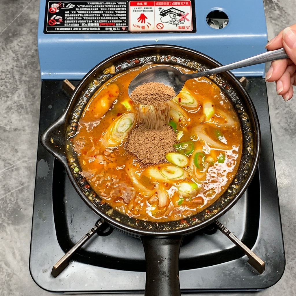 A spoonful of brown beef seasoning powder being added to a rich, bubbling Korean stew.