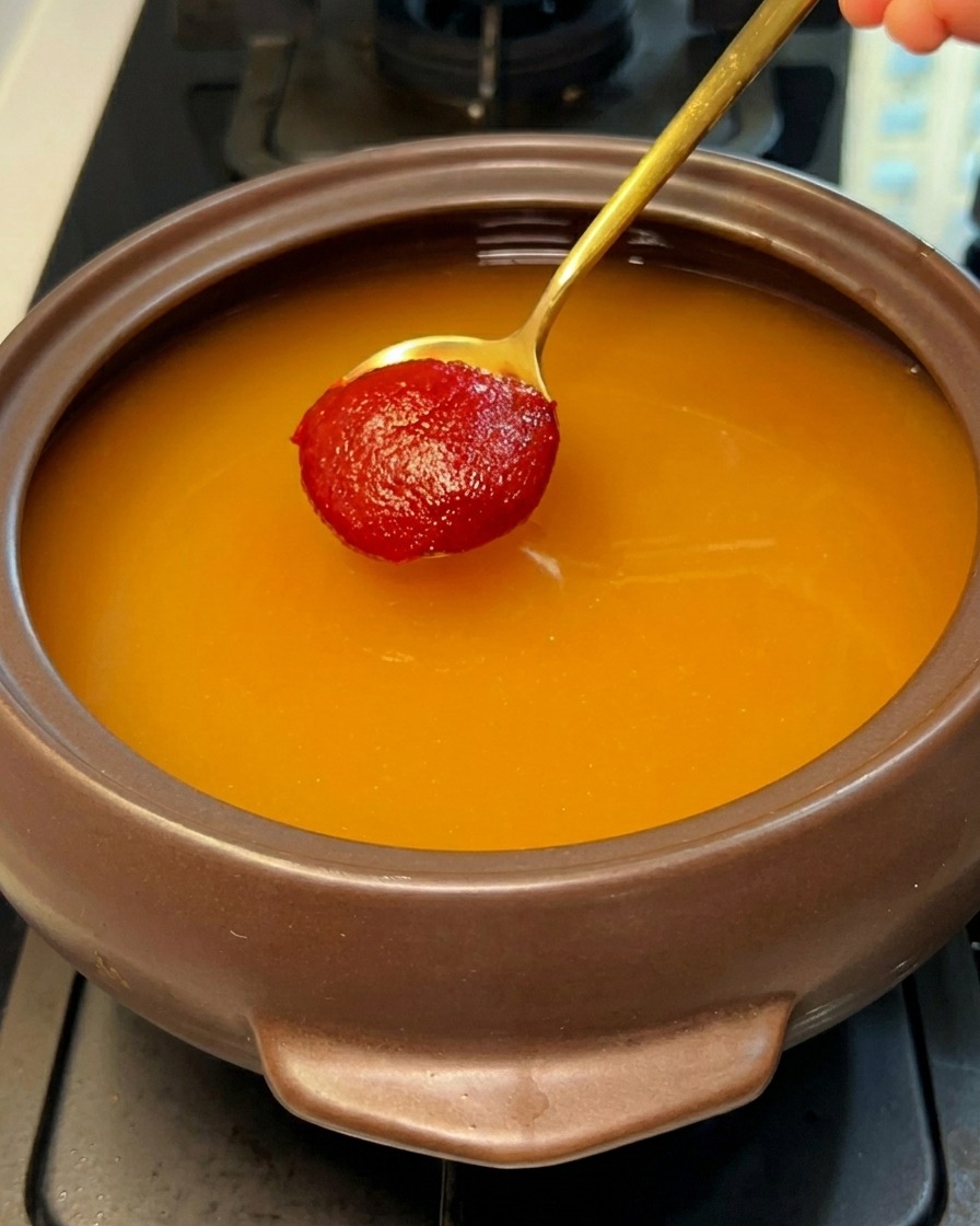 Vibrant red Korean chili paste being stirred into the broth, turning it a deep red color.