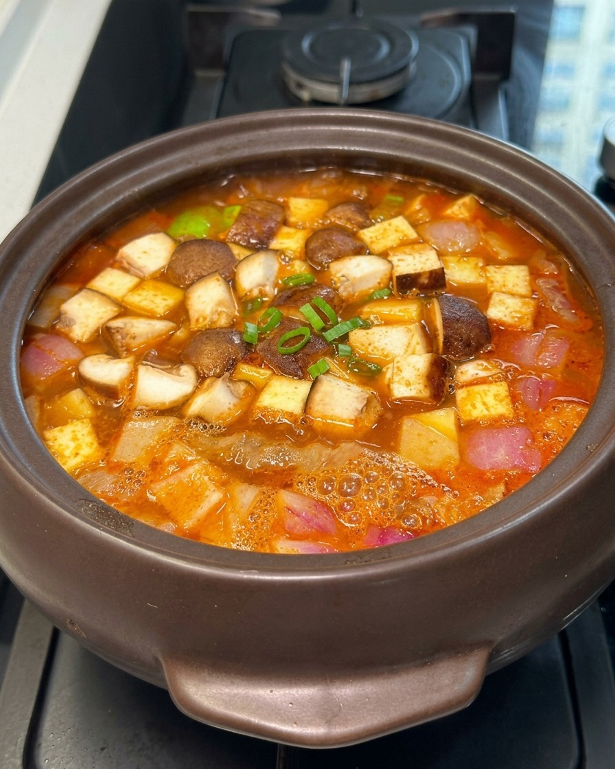 A simmering stone pot filled with spicy red broth, cubed tofu, diced shiitake mushrooms, and chopped onions.