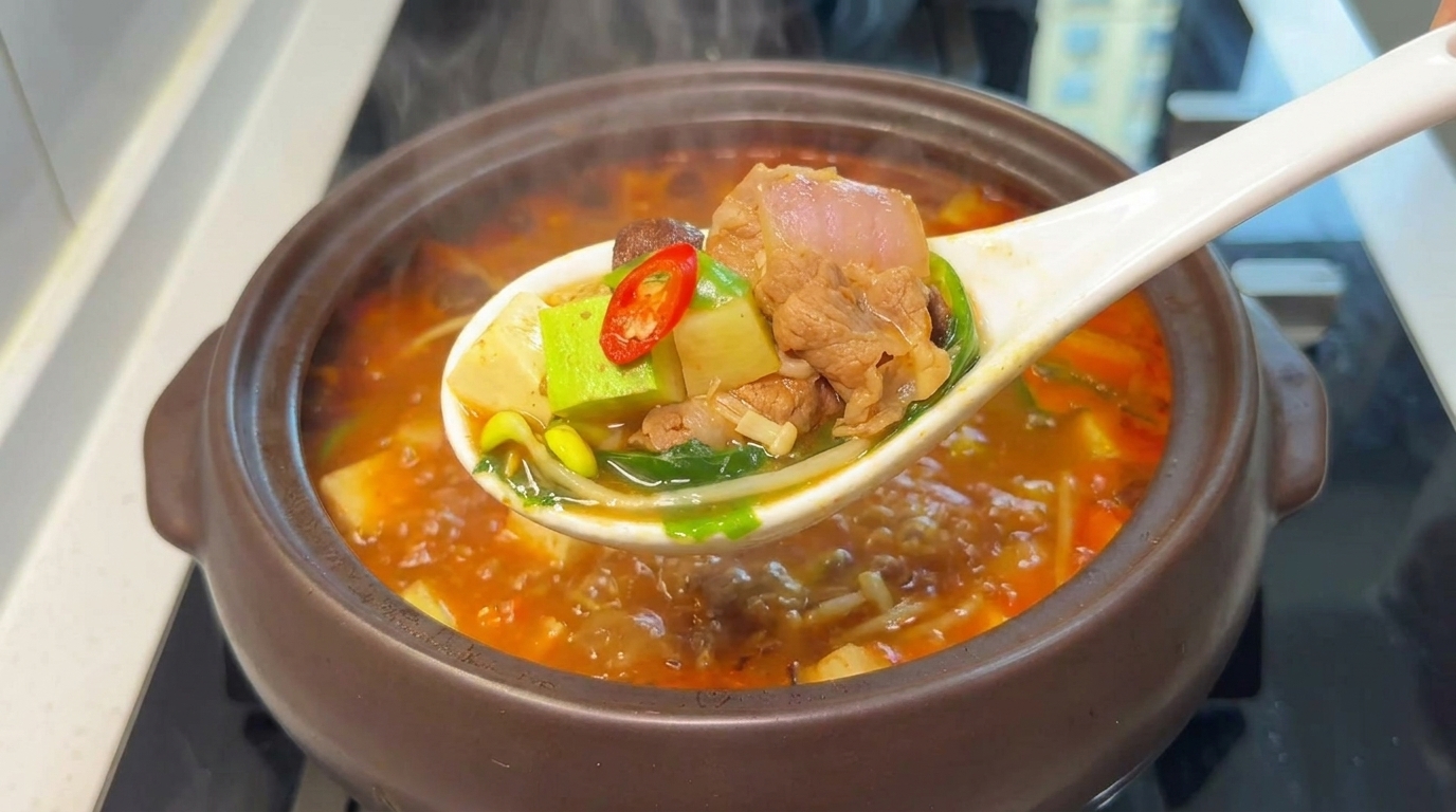 A spoonful of hearty Doenjang Jjigae — rich soybean broth, tender beef, tofu, and fresh vegetables.