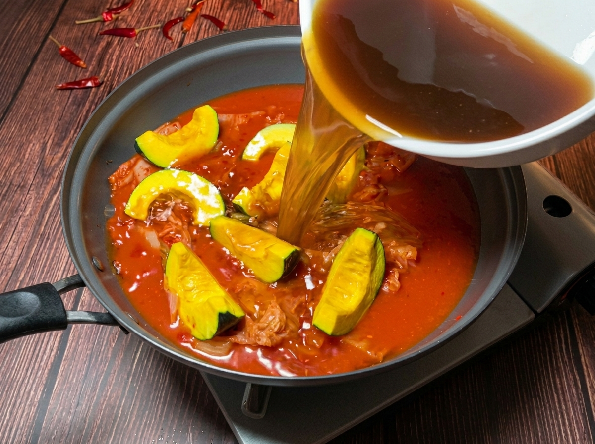 Golden broth being poured into a pan containing kimchi and pieces of yellow kabocha squash.