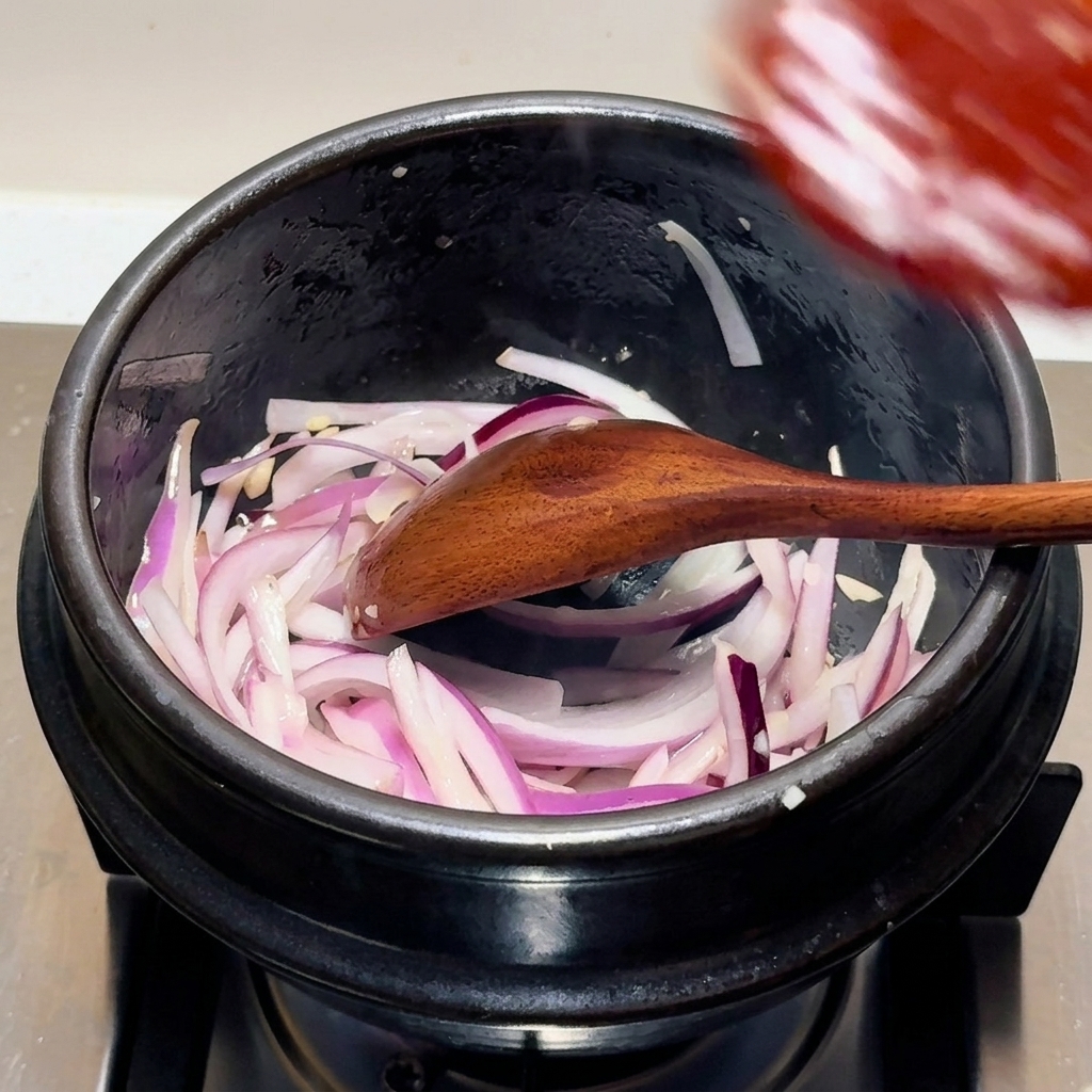A dark red sauce being added to sautéed onions in a black stone pot, being mixed with a wooden spoon.