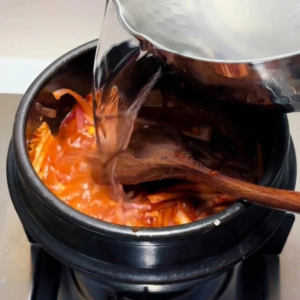 Hot water being poured from a metal pitcher into a pot filled with a vibrant red, stir-fried kimchi base.