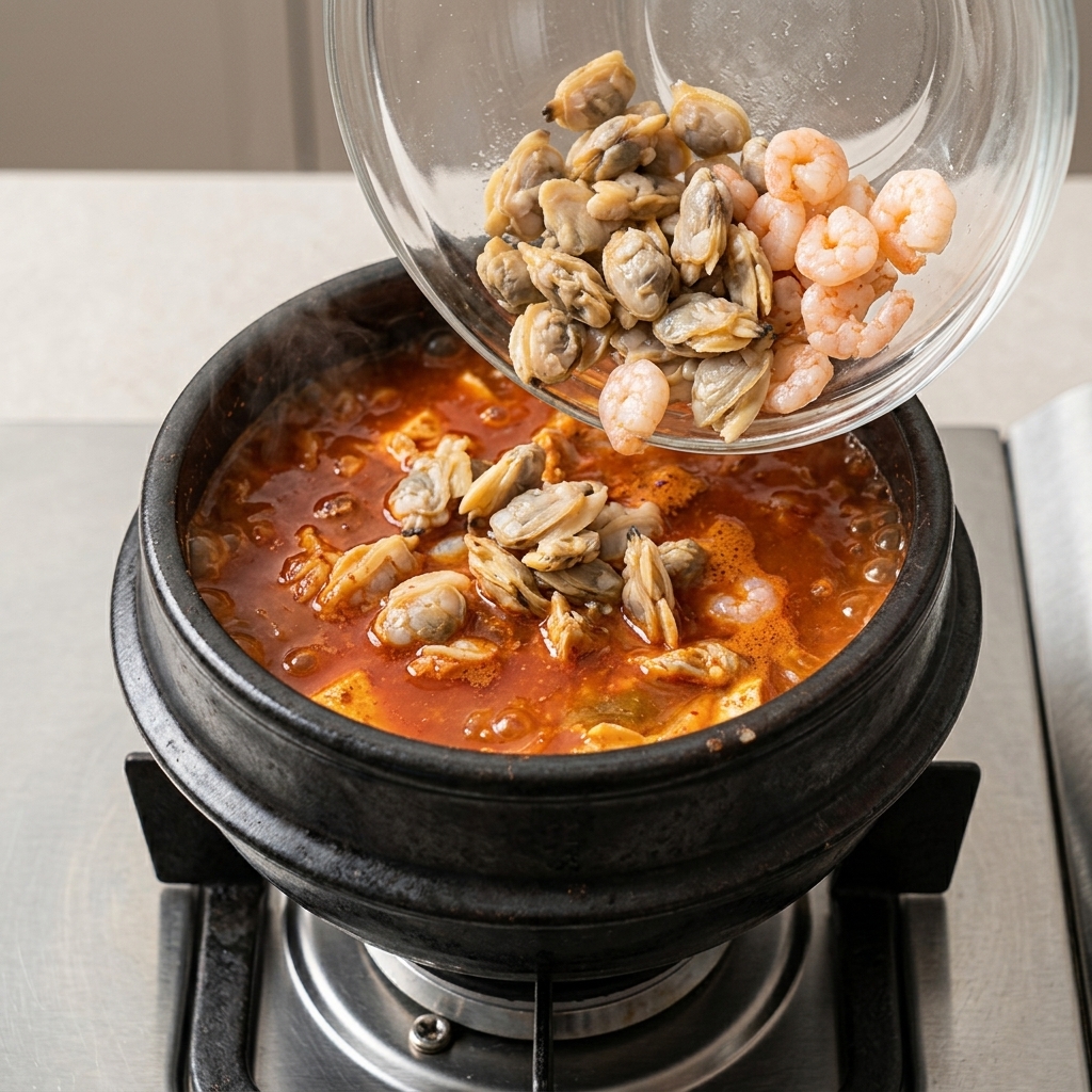 Raw shrimp and clam meat being poured from a glass bowl into a pot of boiling red kimchi stew.