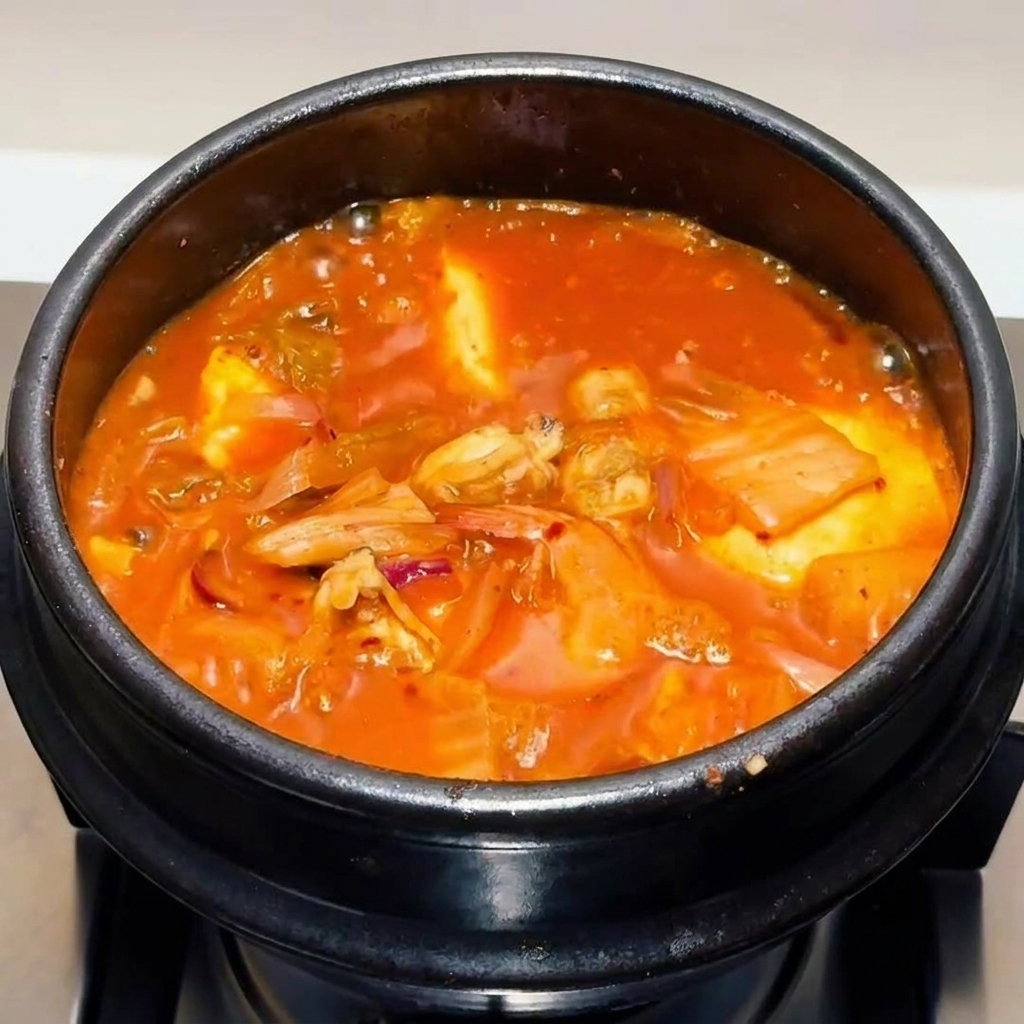 Final bubbling kimchi stew topped with a garnish of fresh chopped green scallions.