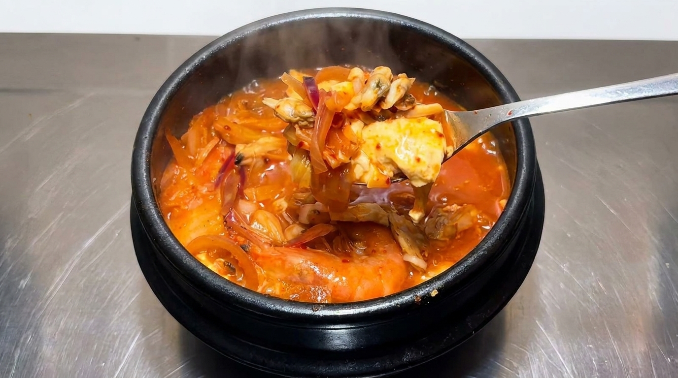 A spoonful of rich, red, bubbly kimchi stew containing clams, shrimp, tofu, and onions lifted directly above a black stone pot.