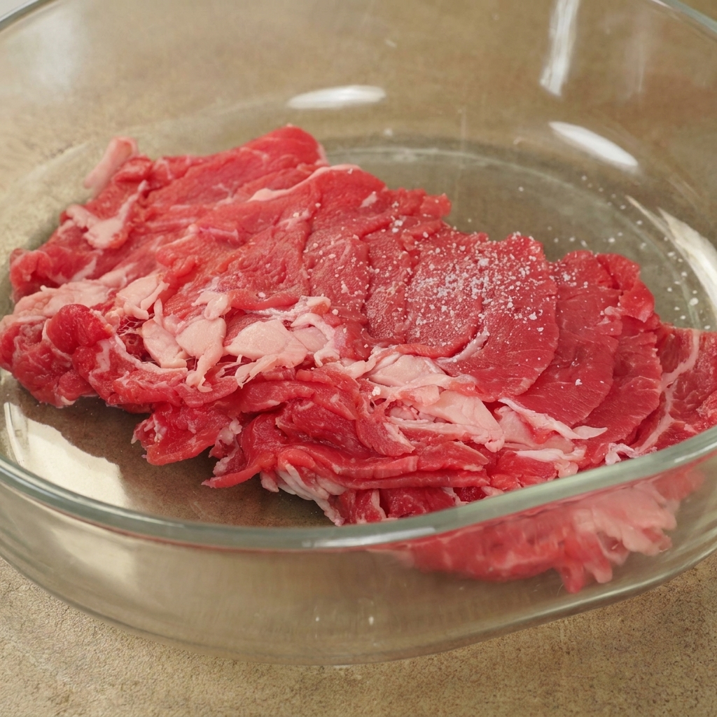 Raw beef slices in a glass bowl sprinkled with salt and other seasonings.