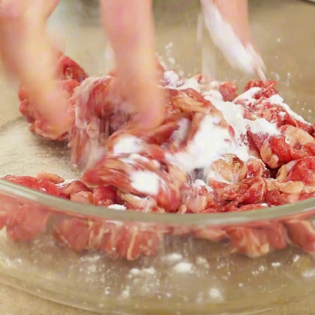 Hands actively mixing raw beef slices with cornstarch and liquid seasonings in a glass bowl.