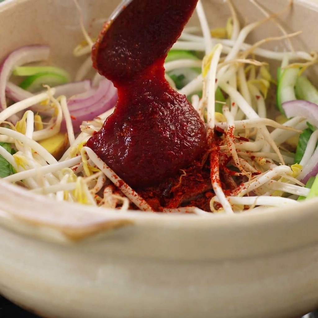 A spoonful of bright red Korean chili paste being added to the vegetable mixture in the clay pot.