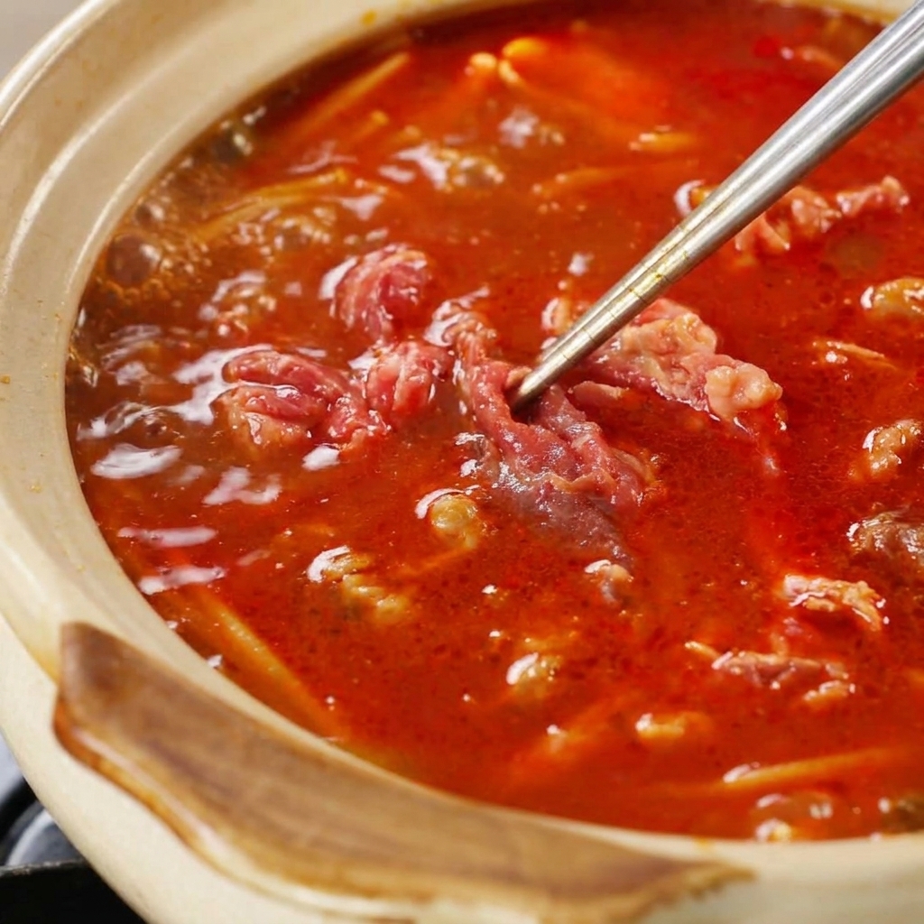 Metal tongs submerging raw marinated beef slices into a vibrant red, bubbling soup in a clay pot.