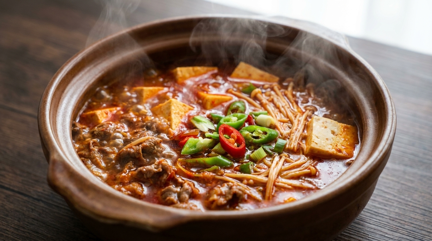 A bubbling clay pot of spicy beef and tofu soup garnished with fresh green and red chilies