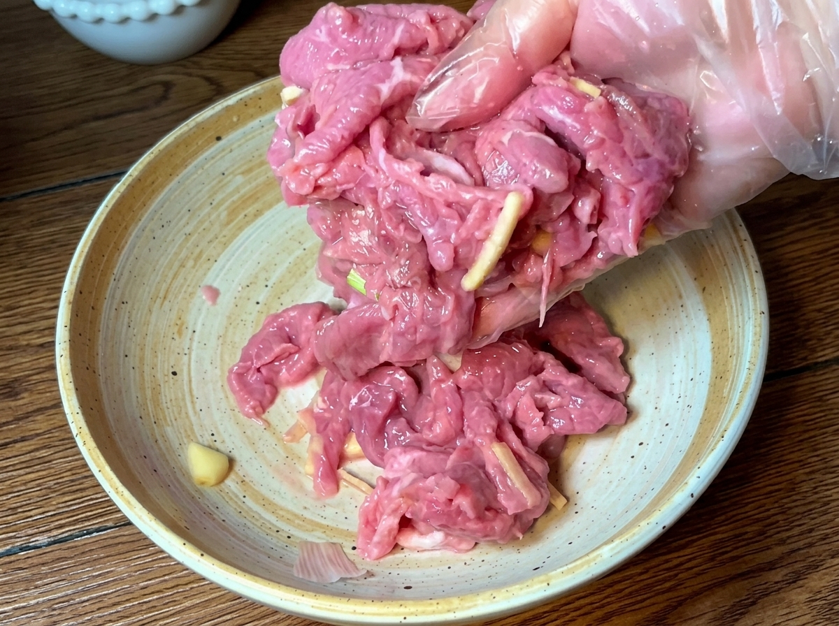 Seasoned beef slices stir-frying in a pan until browned.