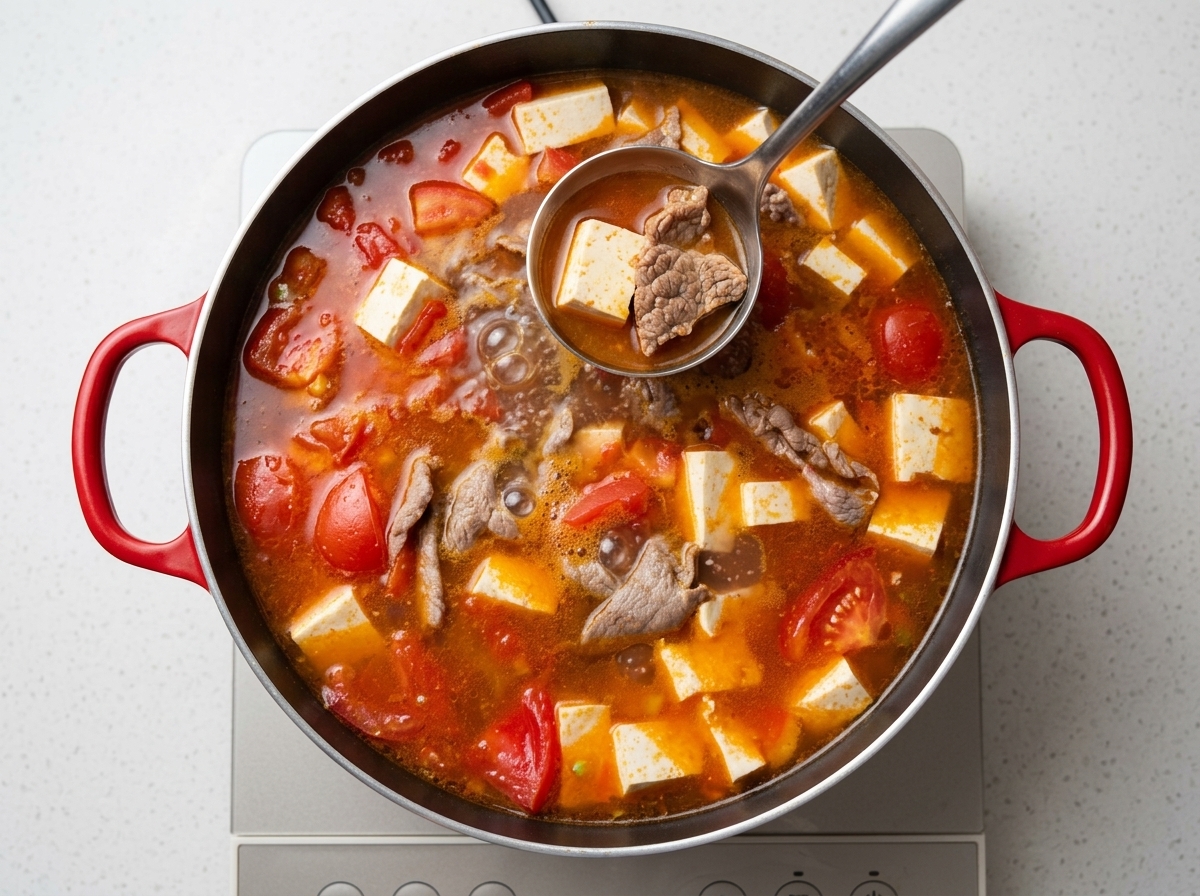 A steaming pot of tomato beef and tofu soup being finished with seasoning.