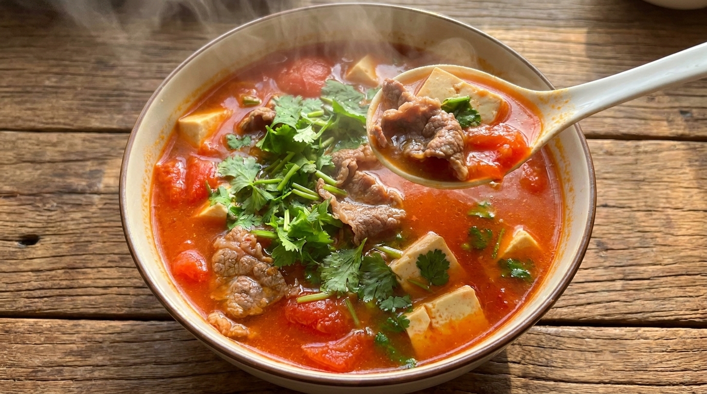 Tomato Beef and Silken Tofu Soup