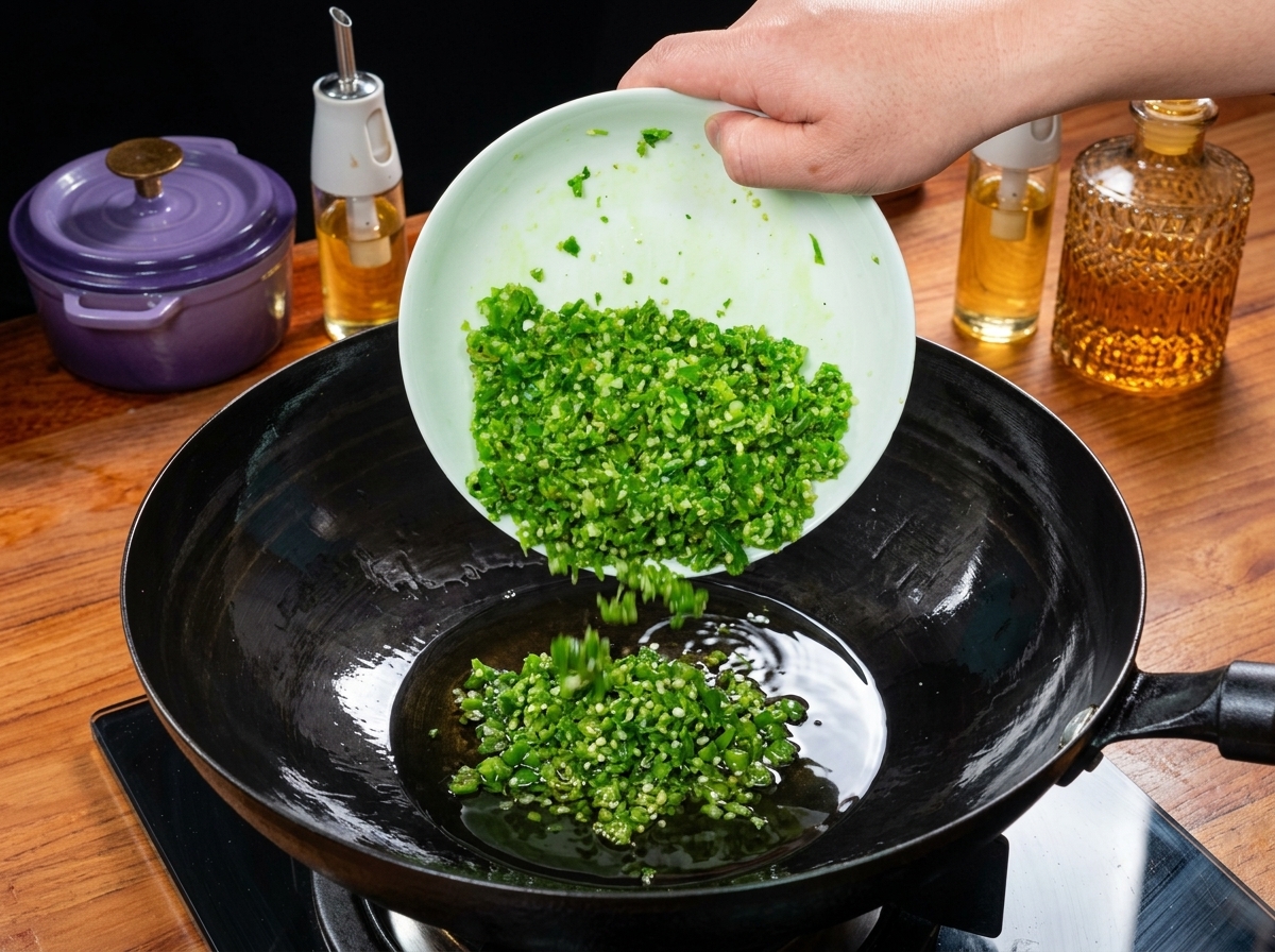 The minced green chili and Sichuan peppercorn mixture sizzling in hot oil in a black wok.