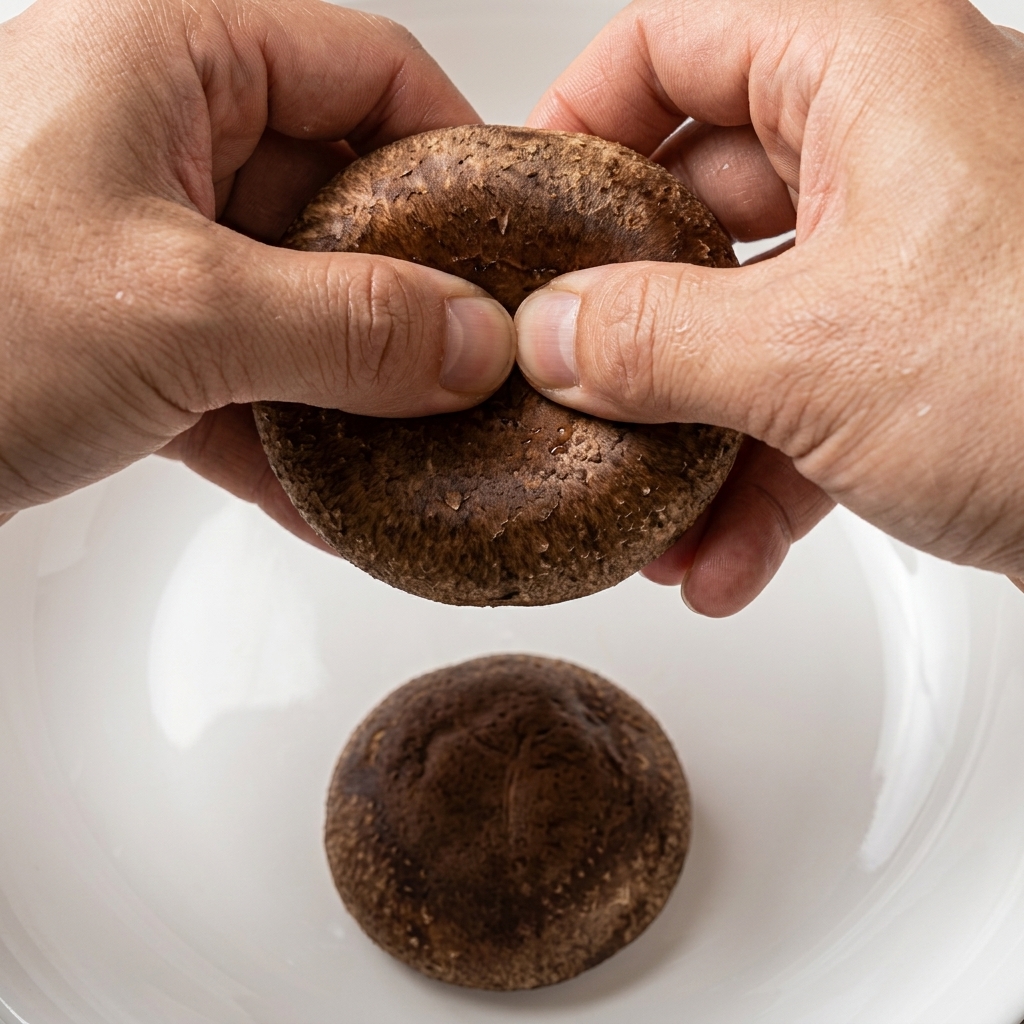 A close-up view of hands tearing a fresh shiitake mushroom into halves above a white bowl.