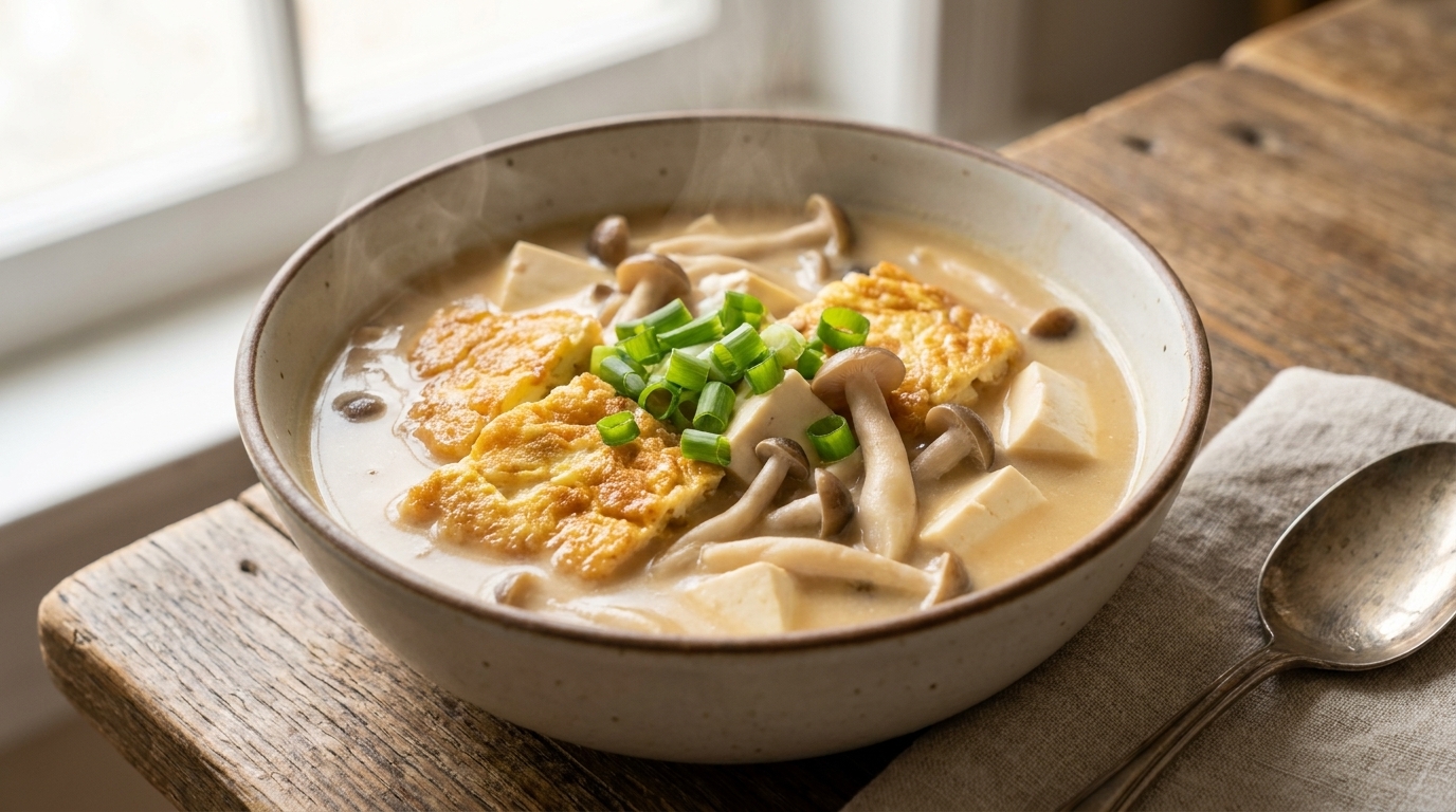 Savory Golden Egg, Mushroom, and Tofu Soup