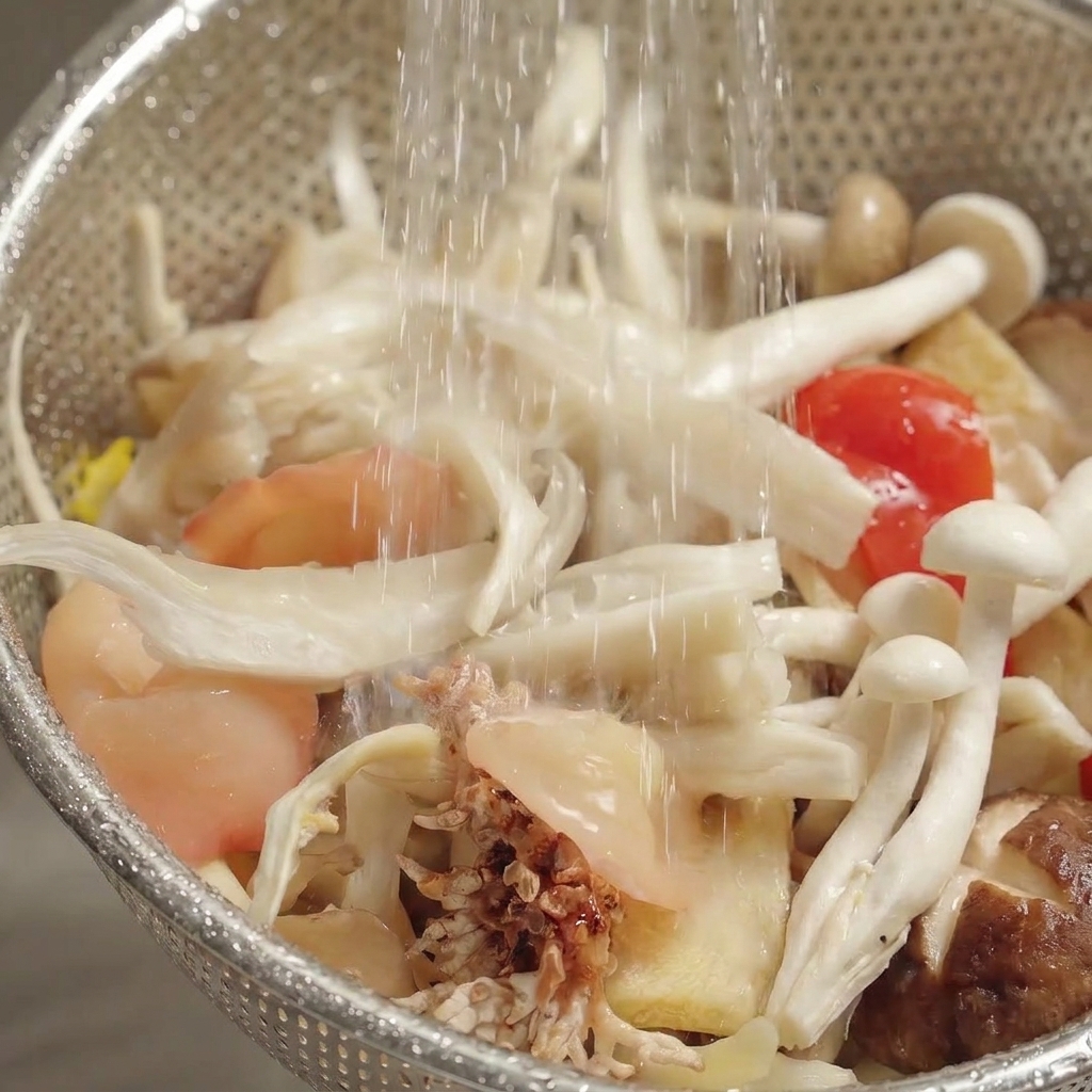 Variety of fresh mushrooms being washed under cold running water in a colander.