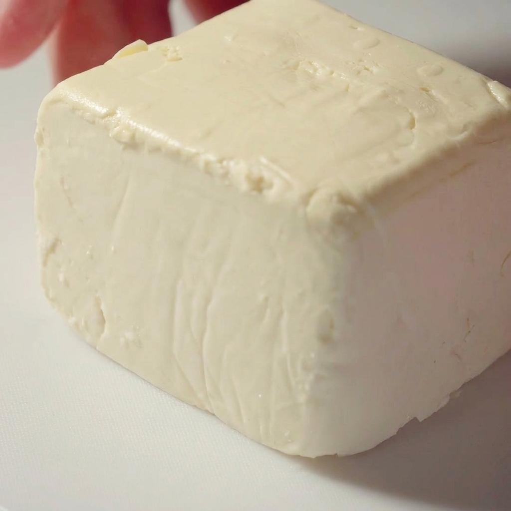 A block of white tofu being sliced into triangles on a cutting board.