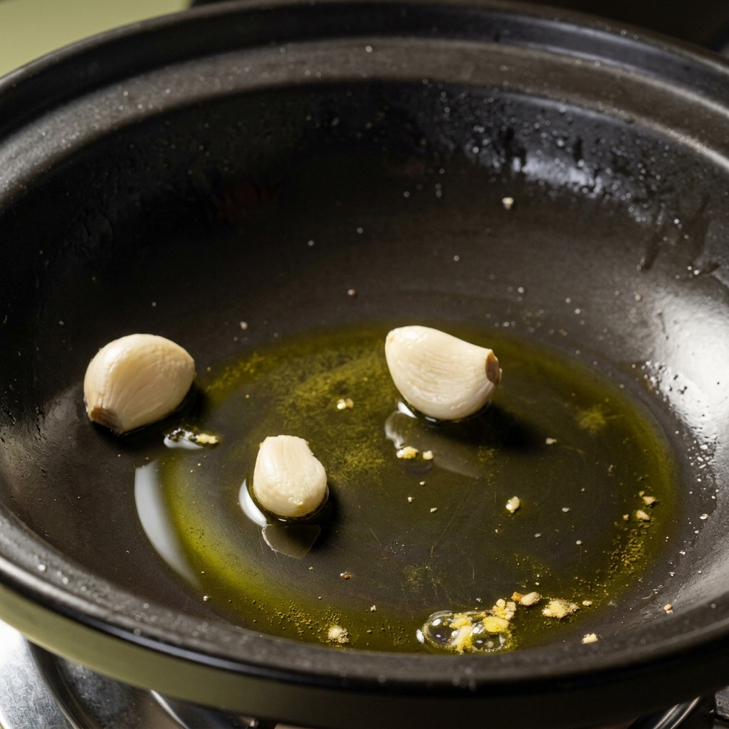Garlic cloves sizzling in hot oil within a clay pot.