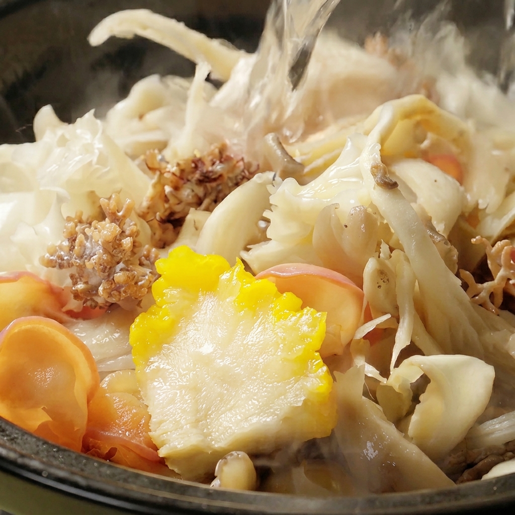 Assorted mushrooms in a clay pot with hot water being poured over them.