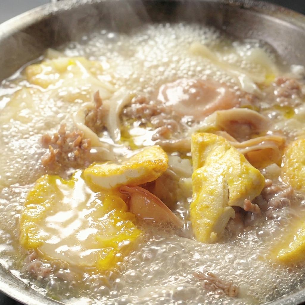 Fried tofu triangles being dropped into a pot of bubbling mushroom soup.