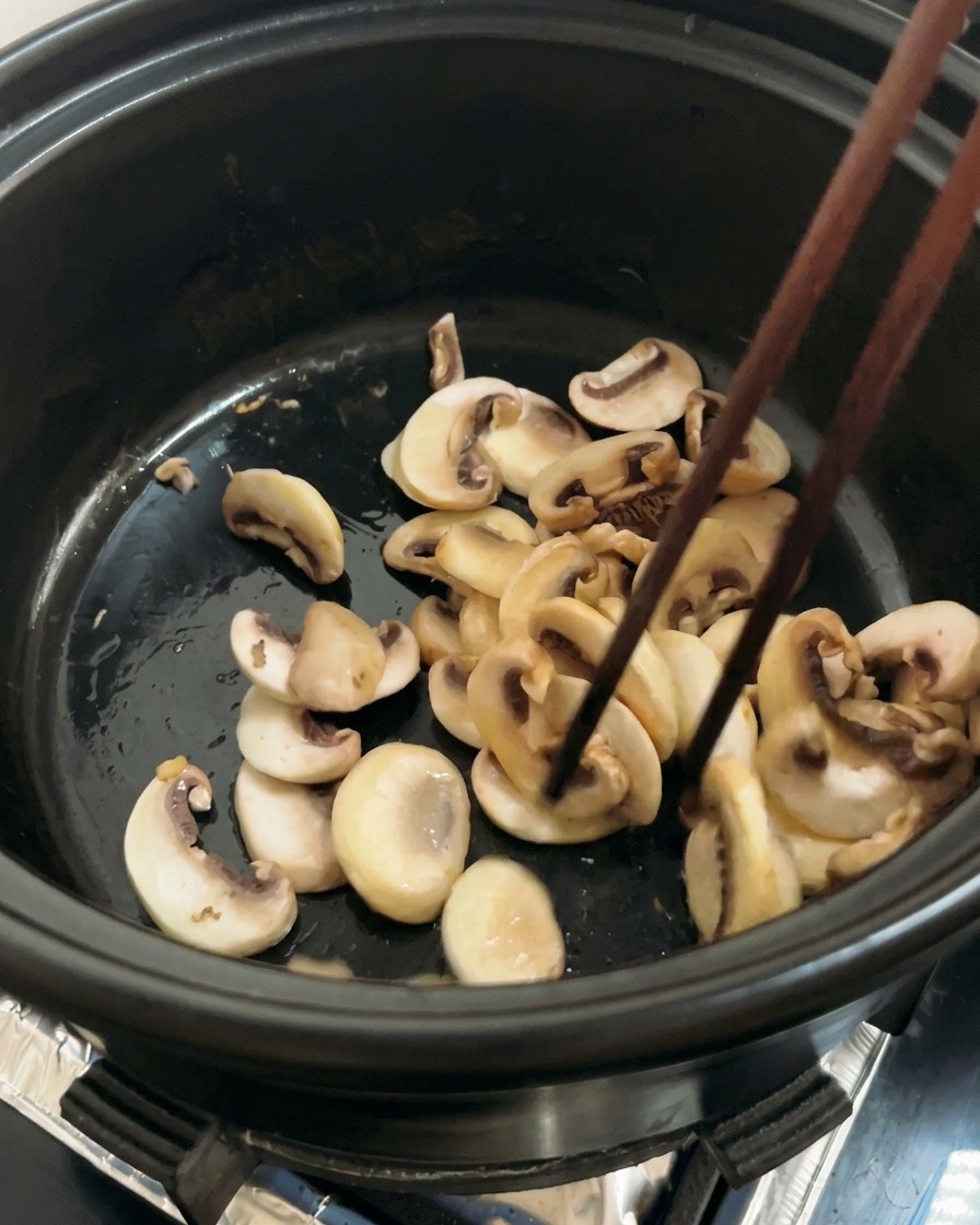 Sliced mushrooms being stirred with wooden chopsticks in a pot until they achieve a golden-brown sear.