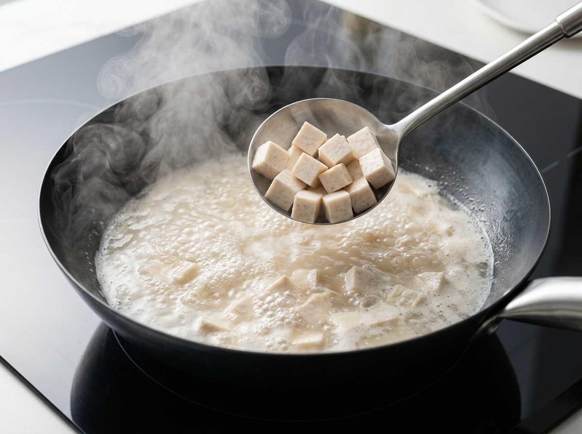 Tofu cubes simmering in a flavorful mushroom-based broth inside a hot wok.