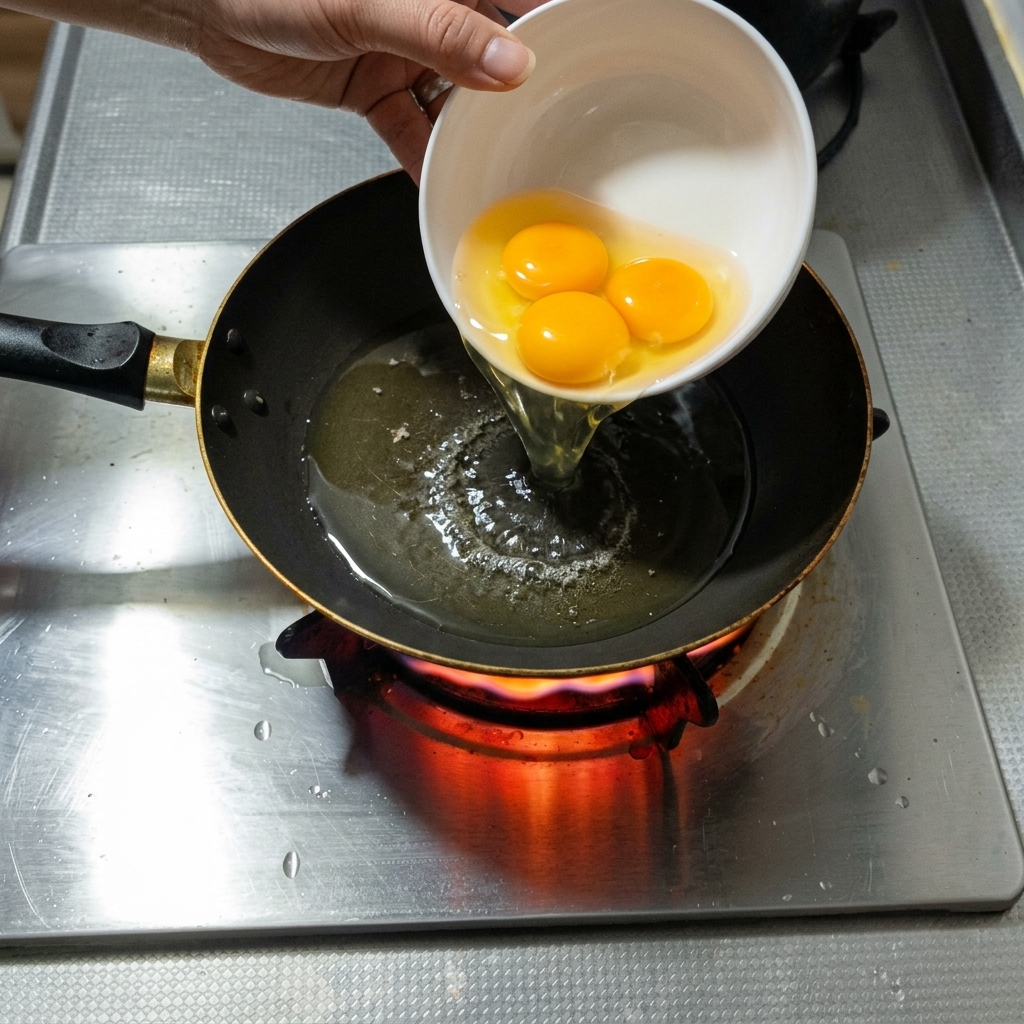 Three eggs frying in a hot pan with oil.