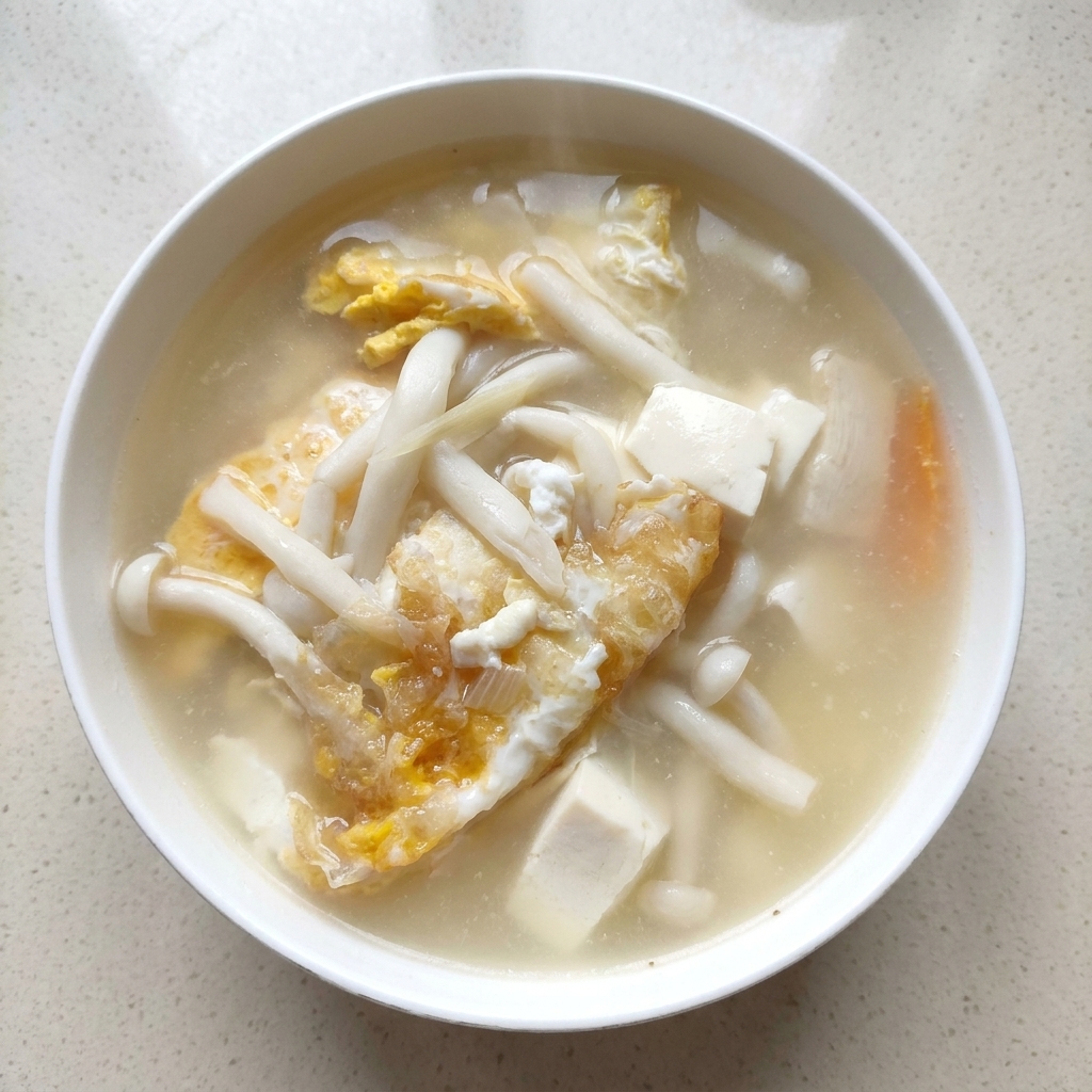 A hearty soup bubbling in a pot, featuring white jade mushrooms, sliced carrots, soft tofu, and pieces of fried egg in a milky white broth.