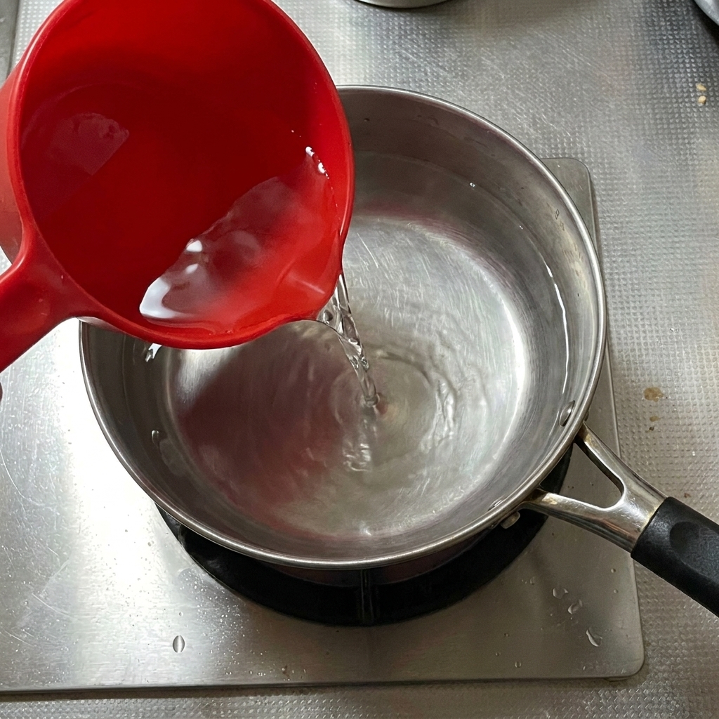 Boiling water being poured into a clay pot containing fried eggs and aromatics.