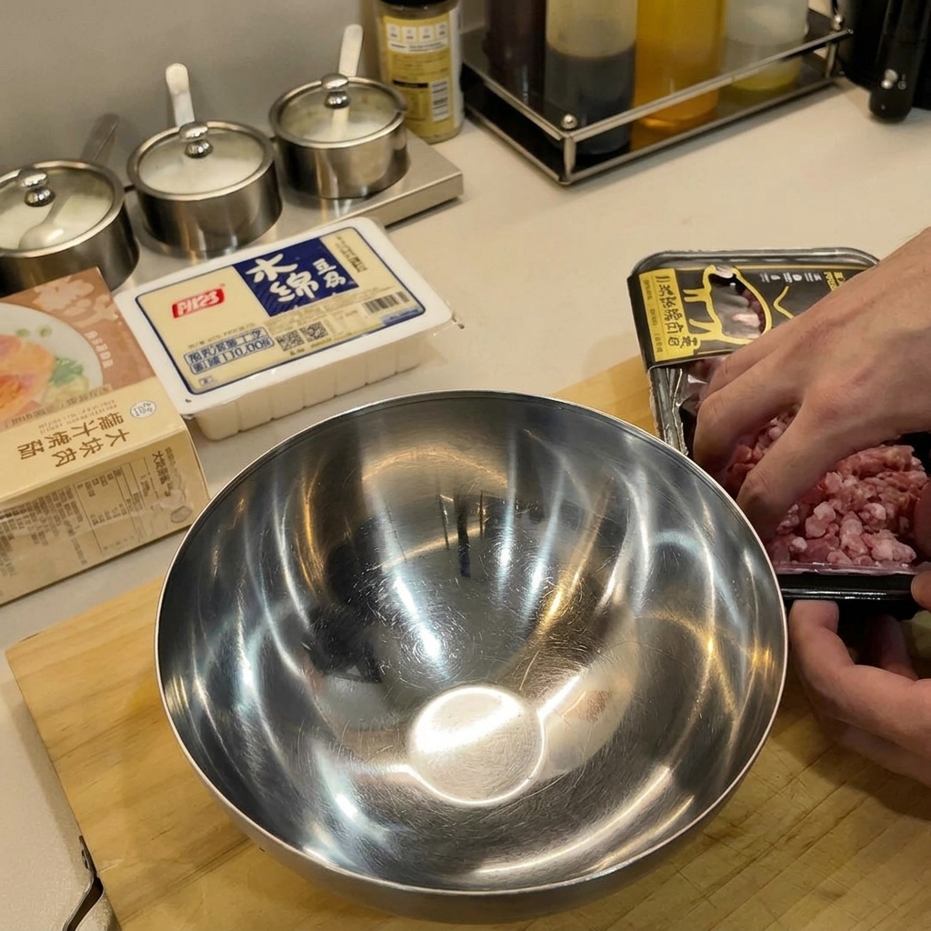 Seasoned minced meat in a stainless steel bowl with aromatics and seasonings ready to be mixed.