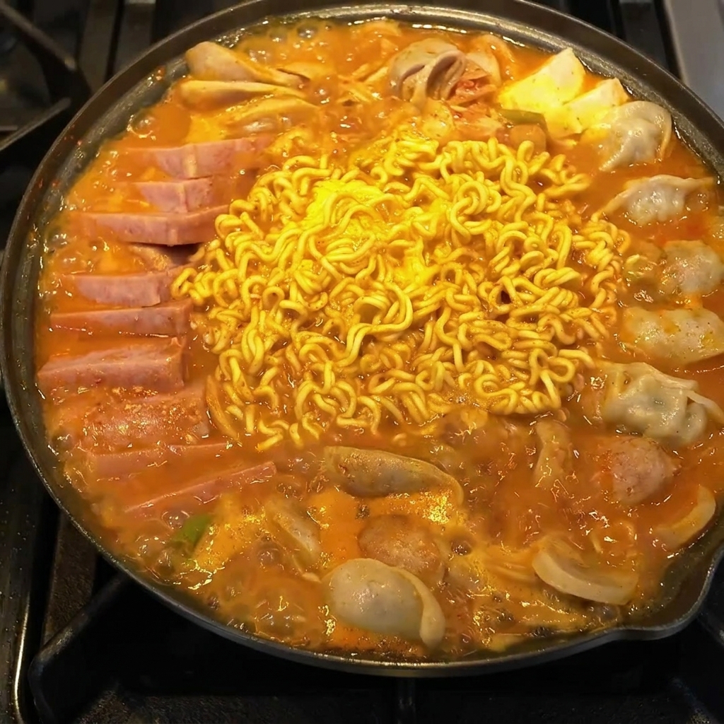 A wide pan arranged with neatly layered slices of luncheon meat, sausage, and tofu over a bed of aromatics.