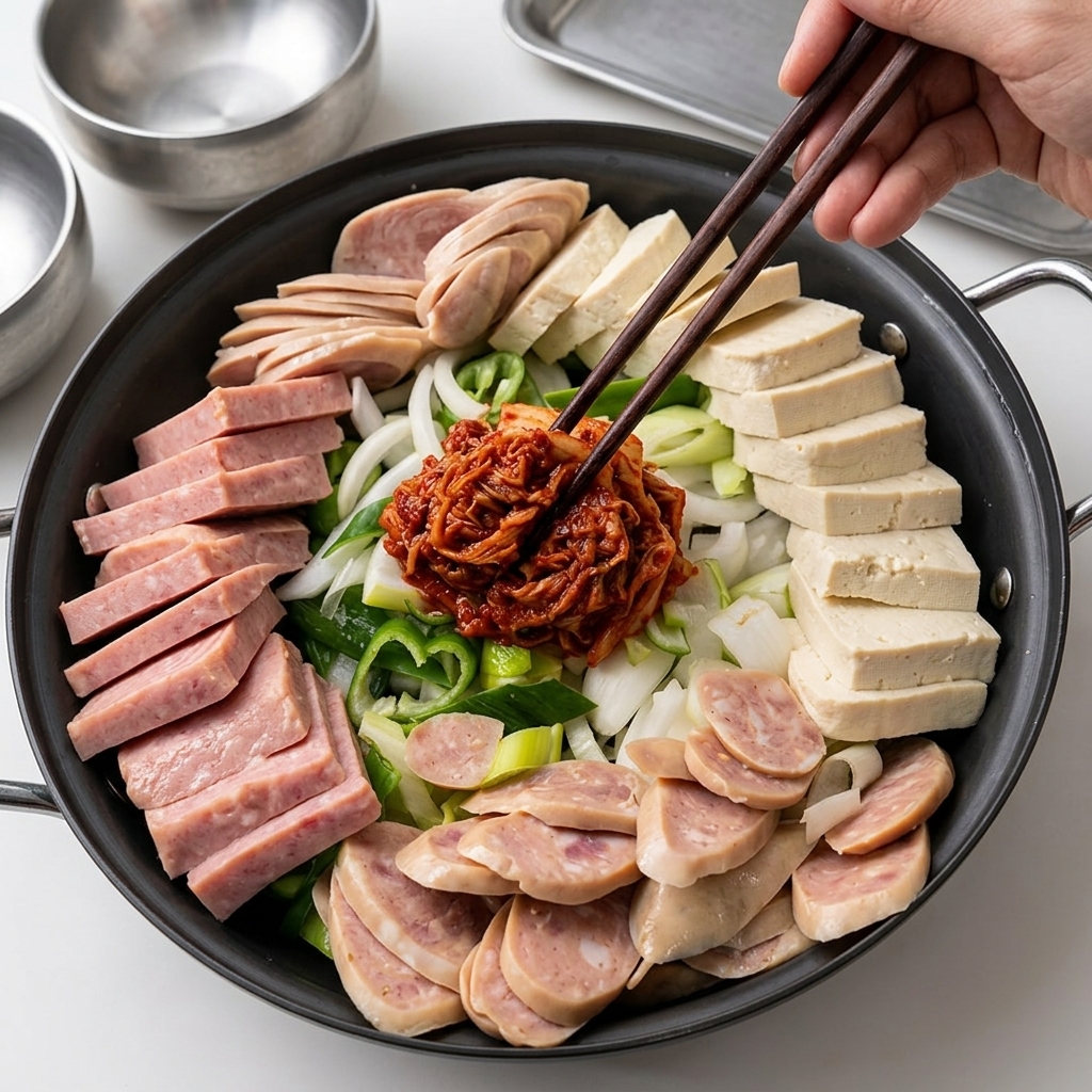 Arranged hot pot ingredients in a pan with kimchi, minced meat, and sauce added to the center.